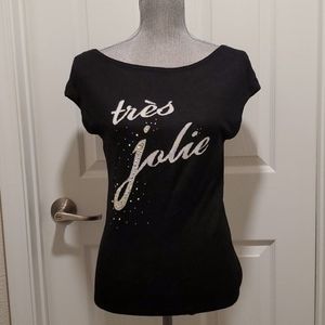 White House Black Market Black "très jolie" Graphic Tee with Metallic Script